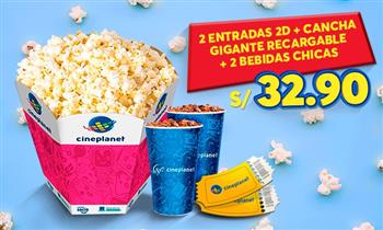 Cineplanet: 2 entradas 2D + 2 bebidas + cancha gigante recargable.